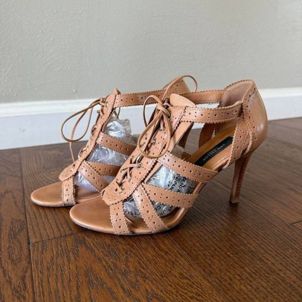 Ann Taylor Women's Heels Size 7 Tan Leather Lace Up Cutout Heeled Sandals